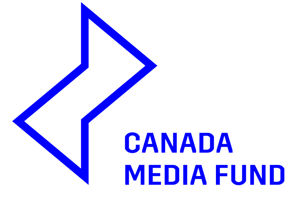 Bright blue Canada Media Fund logo. Canada Media Fund is spelled out in uppercase on the right with a bright blue spark graphic on the left